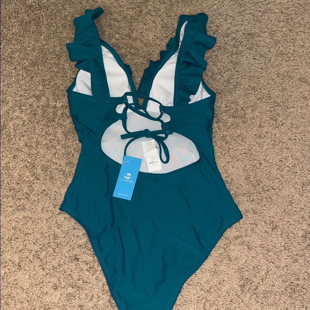 Cupshe Teal Ruffled V-Neck Swimsuit NWT size S - Picture 5 of 8